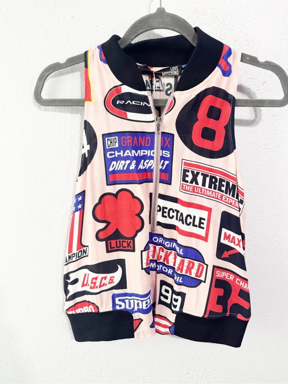 NWT Love Moschino Pink Graphic Racing Zip Tank Top size 2
